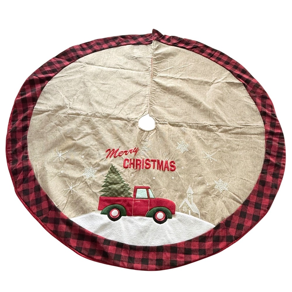 Hobby Lobby Christmas Tree Skirt Red Truck Buffalo Plaid Burlap Rustic 48 in